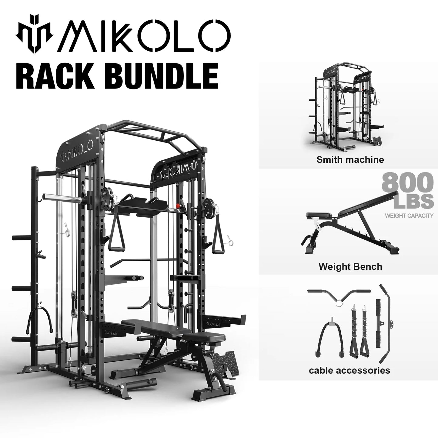 Smith Machine, All-In-One Power Rack Cage with Adjustable Cable Crossover, Vertical Leg Press and Smith Bar with 800 Lbs Capacity Weight Bench