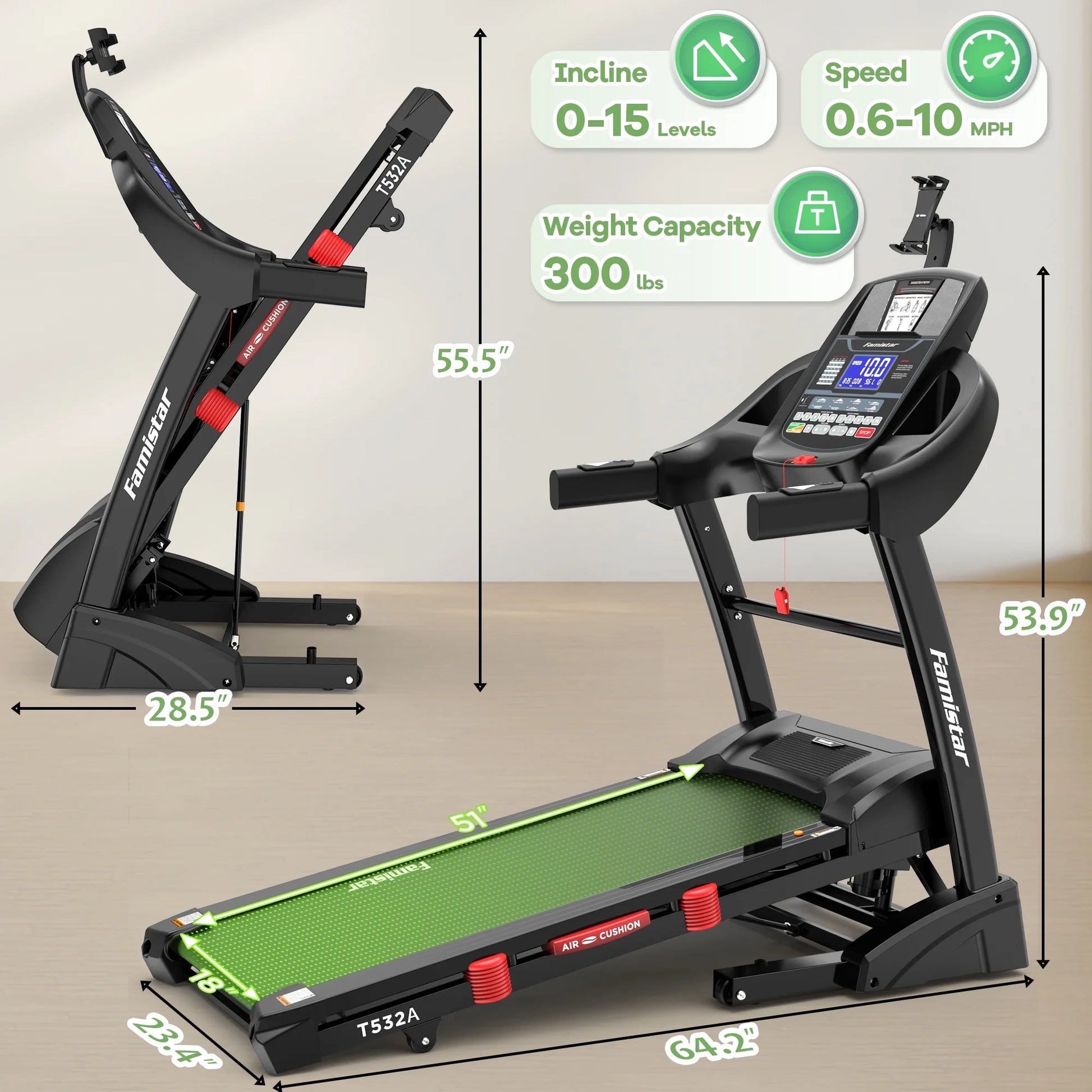 4.5HP Folding Treadmill for Home with 15 Auto Incline, Smart APP, 300Lbs, Hifi Bluetooth Speakers, 64 Programs, 10MPH Speed, Foldable Eletreadmill Running Machine, Knee Strap Gift